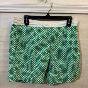 J.Crew Men's Swim Trunks in a green and white geometric print.